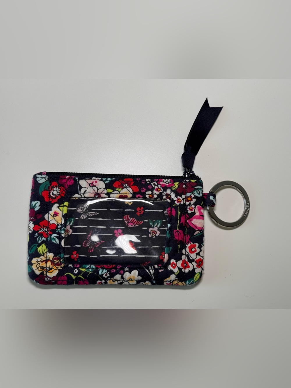 Vera Bradley Itsy Ditsy Black Floral Zip ID Keychain Wallet